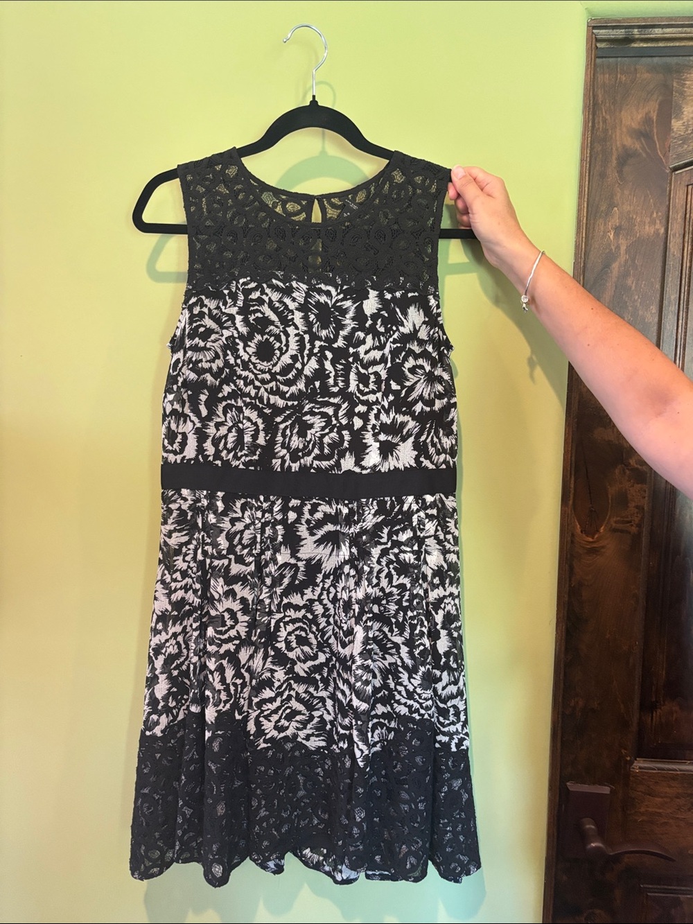 Ann Taylor Black and White Lace Yoke Floral Midi Dress